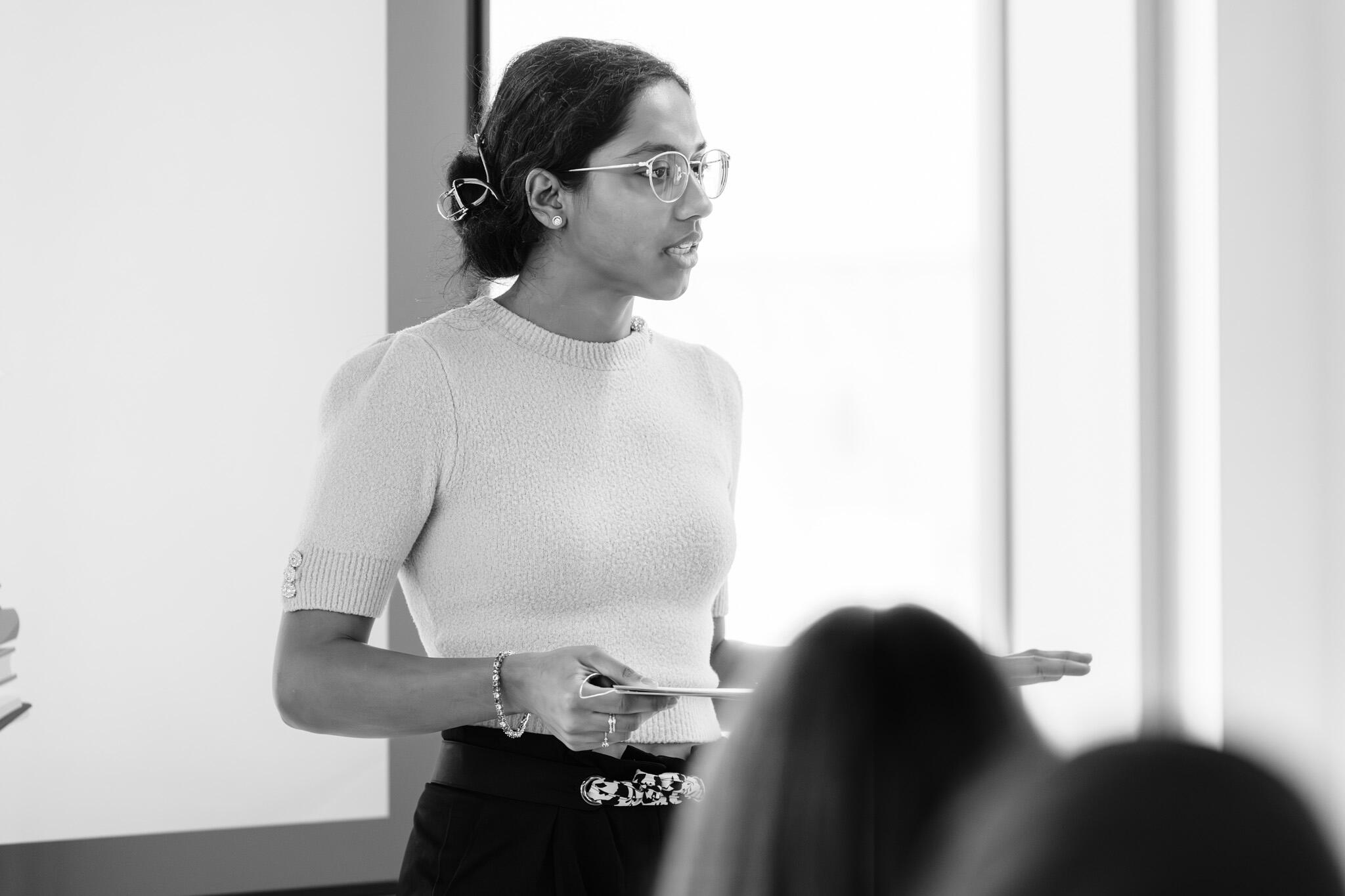 Bushra, the director of Tenet Studio speaking at a private business event Bushra, the director of Tenet Studio speaking at a private business event